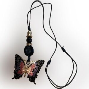 Hand-crafted Necklace ENAMELED BUTTERFLY long leather cord, black/gold beads